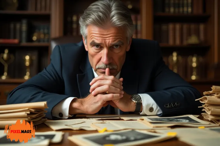A defense attorney analyzing a table filled with scattered evidence.