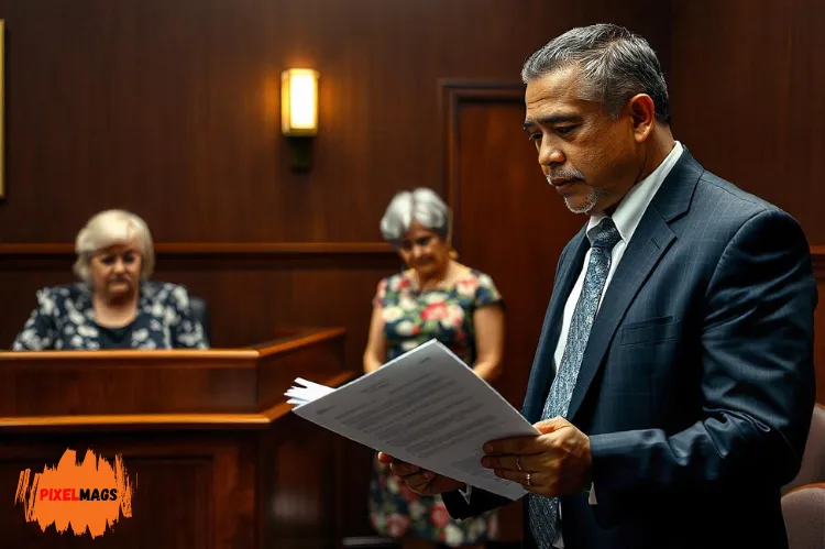 A person confidently presenting documents as evidence to in a courtroom.