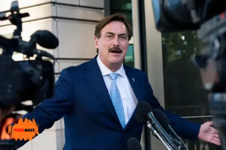 Mike Lindell speaking to the media outside a building