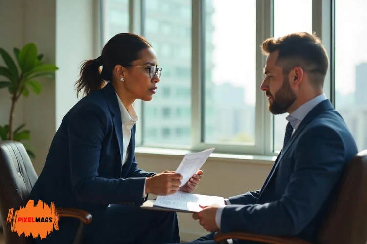 A professional lawyer consulting with a worried client in a modern office.