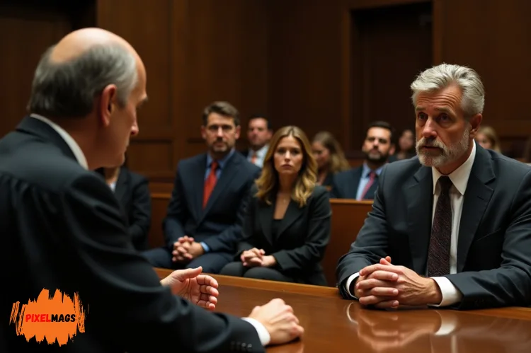 A tense courtroom scene with a judge, defense lawyer.