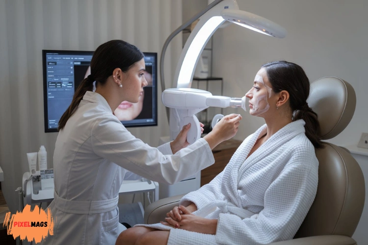 A professional skincare specialist analyzing a client’s skin