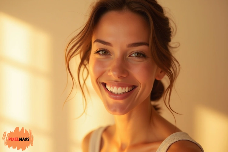 A woman with a fresh, glowing complexion smiling in natural daylight