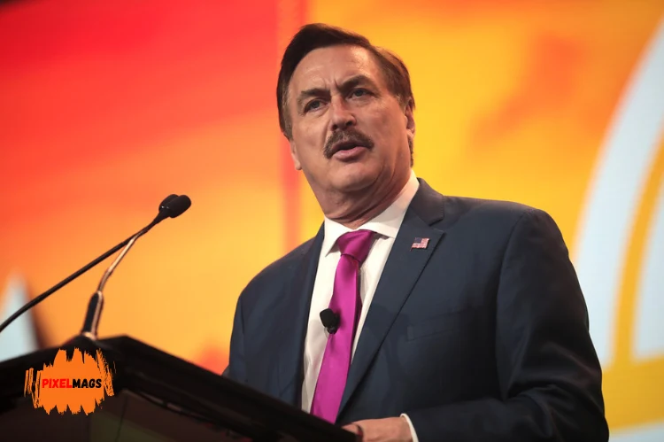 Mike Lindell speaking at a podium.