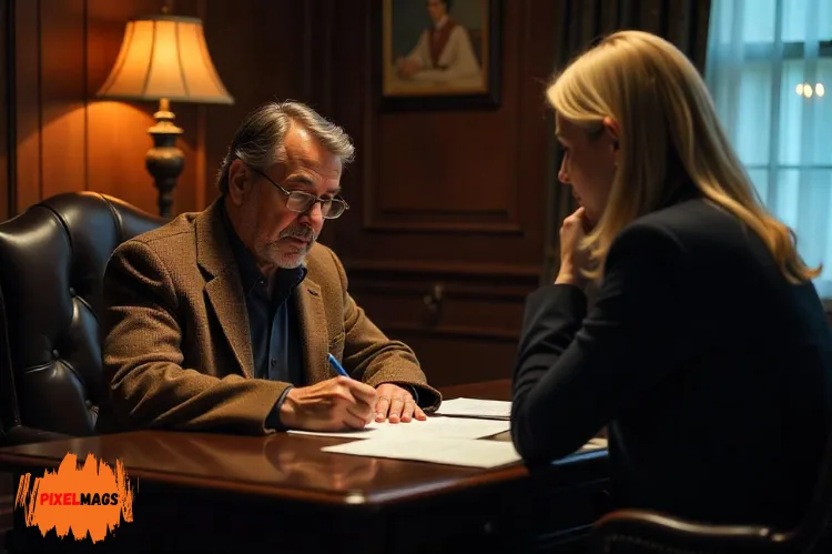 A thoughtful legal consultation in a warm wood-paneled office.