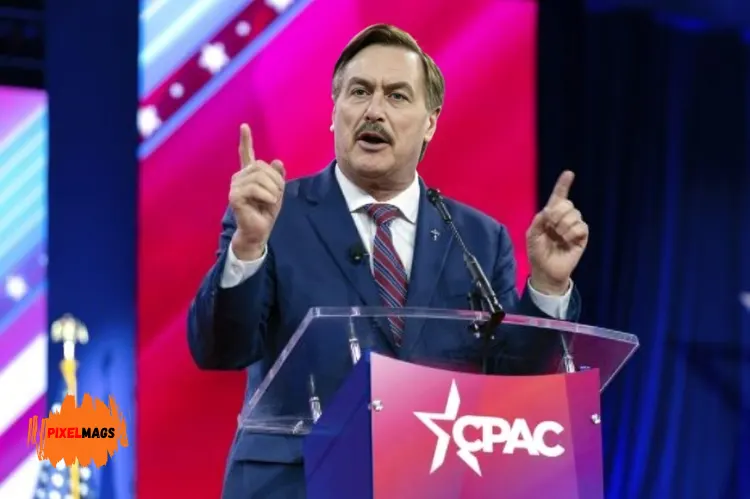 Mike Lindell speaking at a podium.