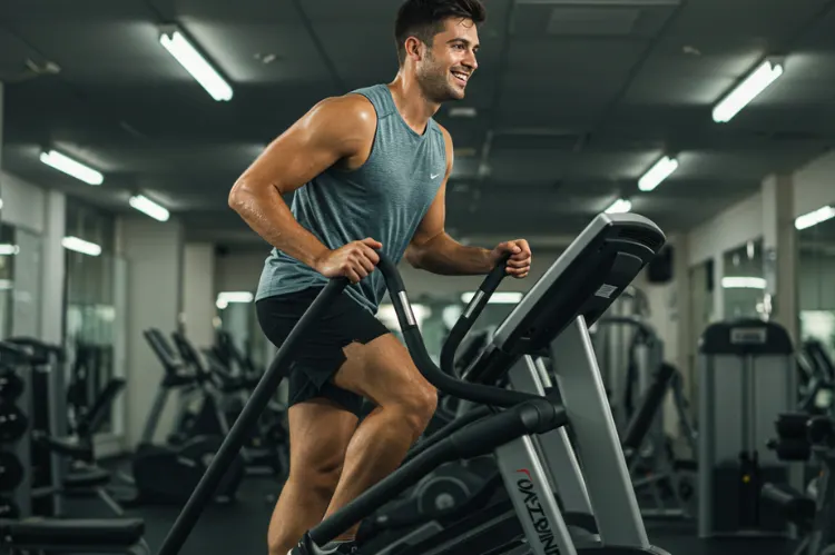 Smiling person doing a fast-paced interval on a stair climber machine.