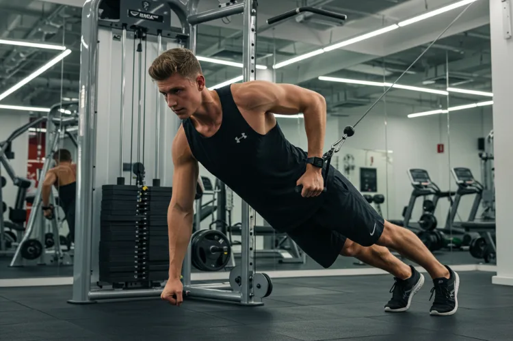 A fit young man performs a single-arm cable row in a modern, well-lit gym.