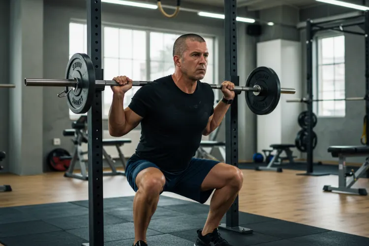 Confident man performing barbell squats in a bright, airy gym.