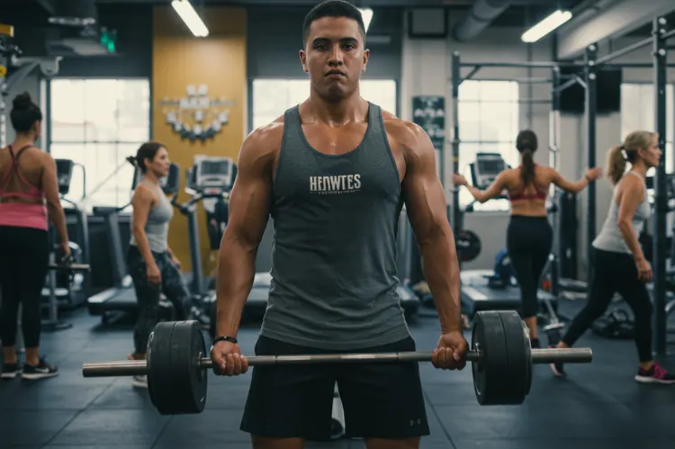 A bright, energetic gym with diverse people working out—someone lifting weights.