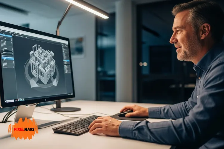 A customer using a desktop computer to interact with a rotating 3D model.