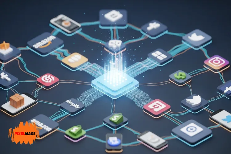 A digital web of multiple e-commerce platforms.