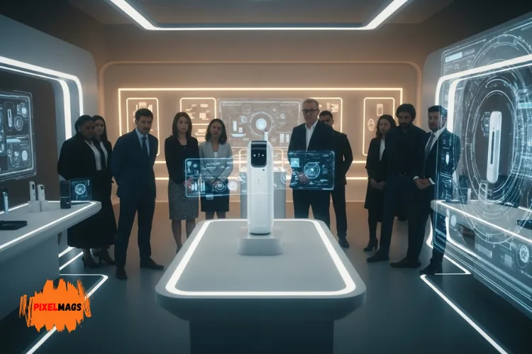 A sleek, futuristic product launch scene featuring a digital workspace.