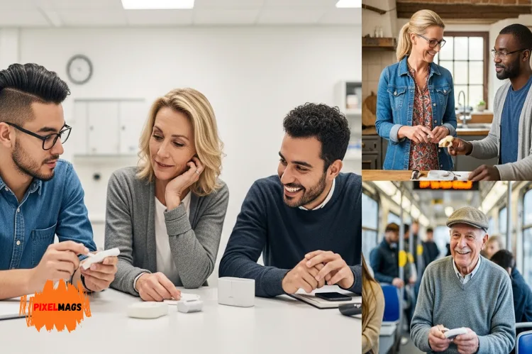 A team of diverse users testing a prototype product in various environments.