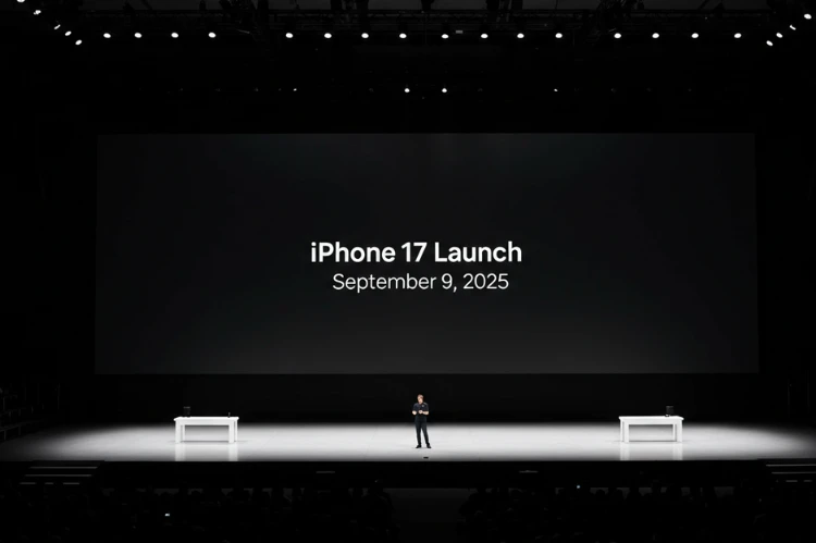 A large Apple keynote stage with a giant screen showing 'iPhone 17 Launch – September 9, 2025.