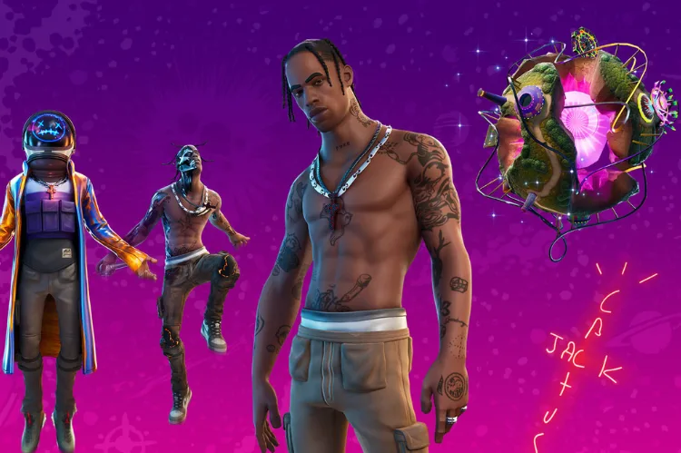 A surreal digital world where Travis Scott appears.