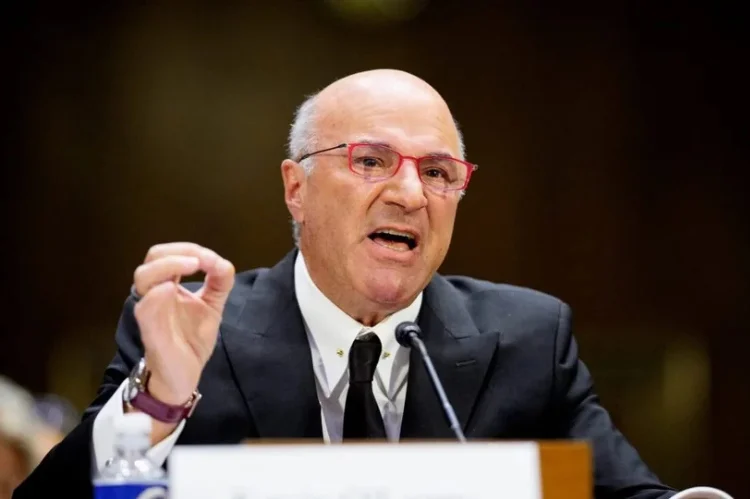 A forward-looking concept art of an older but strong Kevin O’Leary standing on a financial