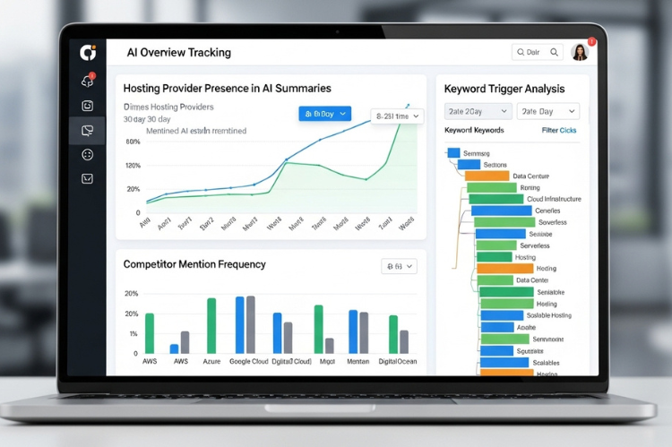 A detailed dashboard interface on a laptop screen showing AI overview tracking tools. 