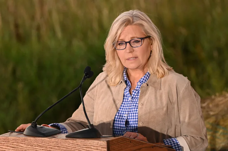 Liz Cheney speech at a podium in the U.S. House.