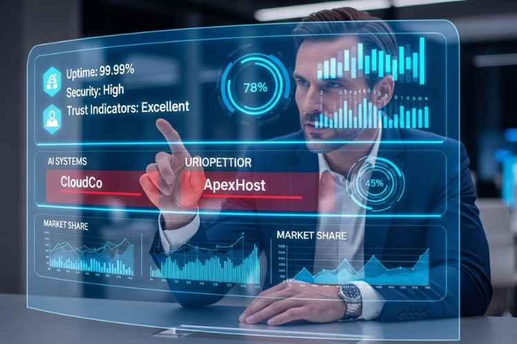 A business professional reviewing digital analytics on a large futuristic dashboard. Key hosting metrics like uptime, and trust indicators are glowing.