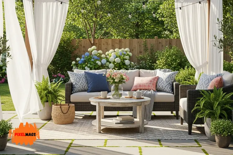 A bright, inviting backyard patio with stylish outdoor curtains flowing gently in the breeze.