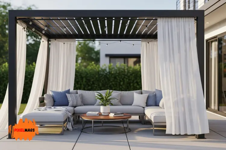 A modern patio setup with white outdoor curtains creating a semi-private cozy lounge area.