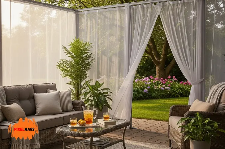 Outdoor space enclosed with mosquito-net style patio curtains.