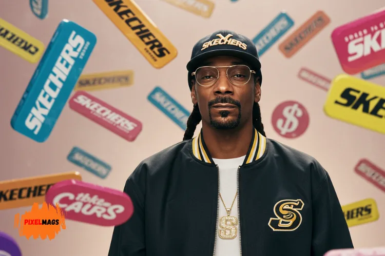 Snoop Dogg surrounded by floating logos of Skechers.