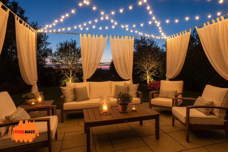 Evening patio setup with warm string lights, cozy curtains, comfortable seating.