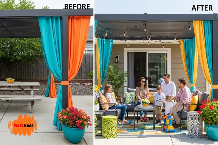 Before-and-after style modern patio transformation.