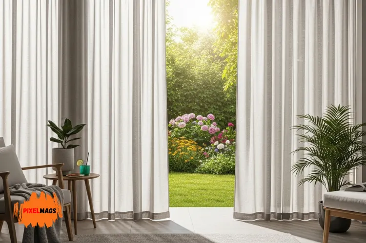 Sunny outdoor patio with light-blocking curtains creating cool shaded comfort.