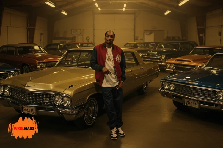Snoop Dogg surrounded by classic cars, lowriders, and luxury vehicles, wearing casual streetwear.
