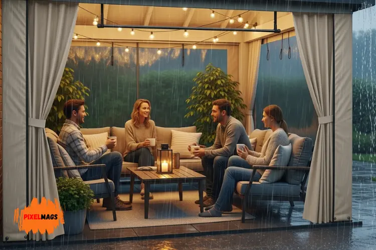 A rainy outdoor scene where waterproof patio curtains shield furniture and people.
