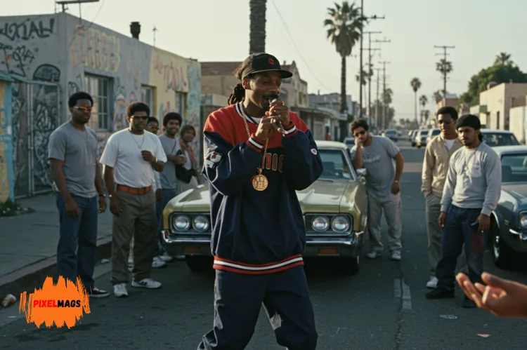 A young Snoop Dogg rapping on the streets of Long Beach, 1980s West Coast vibes.