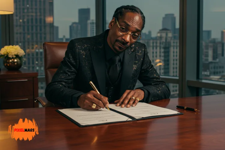 Snoop Dogg in a sleek office, signing business deals.