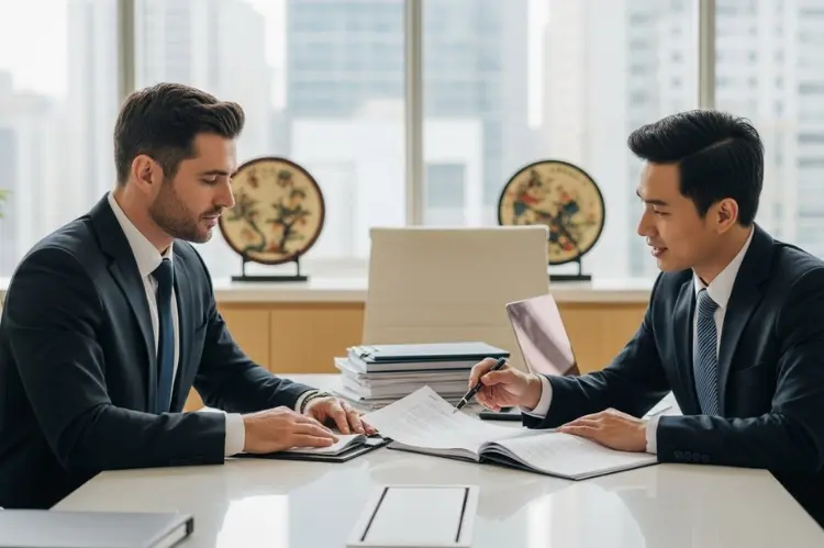 Professional business meeting in a modern Asian office, foreign entrepreneur consulting.