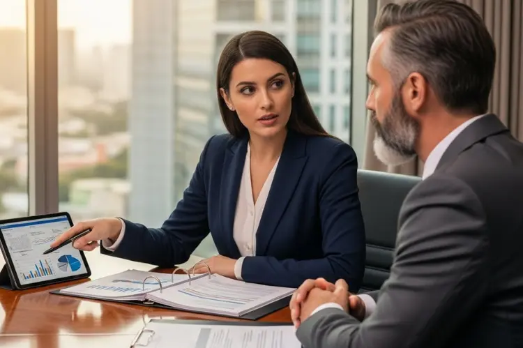 ax specialist explaining government incentives to a foreign investor.