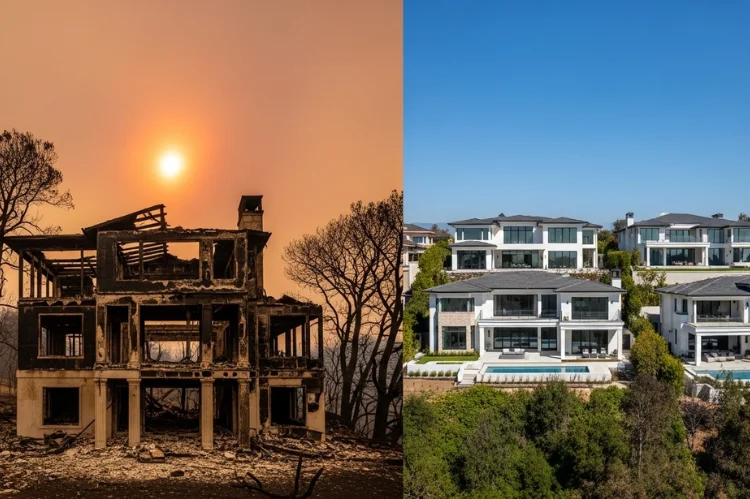 Luxury home affected by wildfire damage contrasted with newly rebuilt modern mansions nearby.