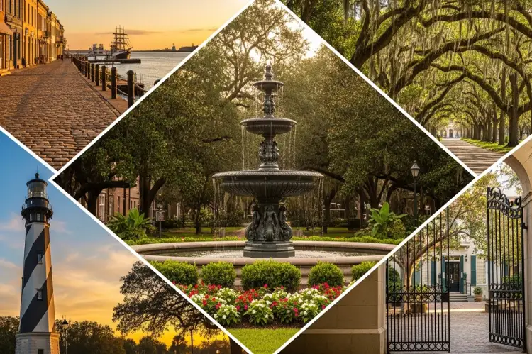 Savannah GA collage featuring Forsyth Park fountain, River Street cobblestones, Spanish moss squares
