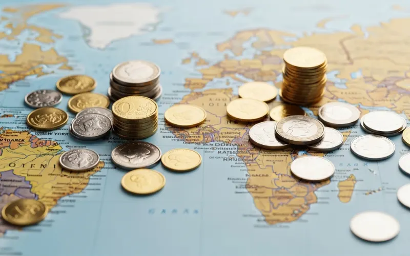 -Gold and silver coins spread across world map, global liquidity concept, clean professional financial style.