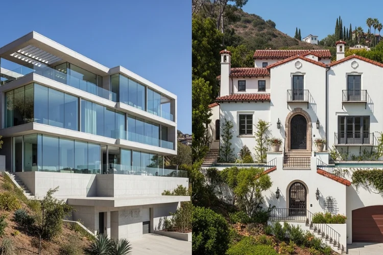 Side-by-side contrast of a sleek modern glass mansion and a classic Spanish Revival home in Hollywood Hills.