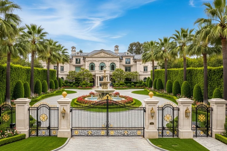 A grand gated Bel Air estate with long driveway, manicured gardens, classical architecture, fountains.