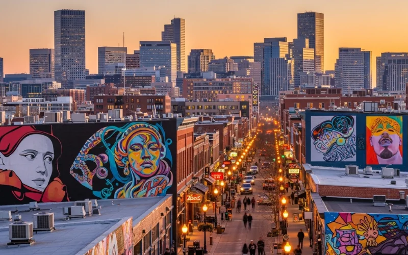 Colorful streets of Denver neighborhoods, RiNo murals, LoDo nightlife, Highland skyline views.