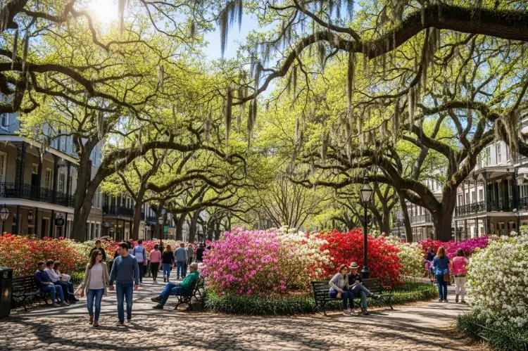 Savannah historic square in spring with blooming azaleas, Spanish moss hanging from oak trees, bright sunny day