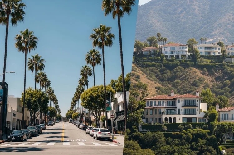 Split-scene image showing Beverly Hills Flats with walkable streets and palm trees on one side, and Beverly Hills Hills.