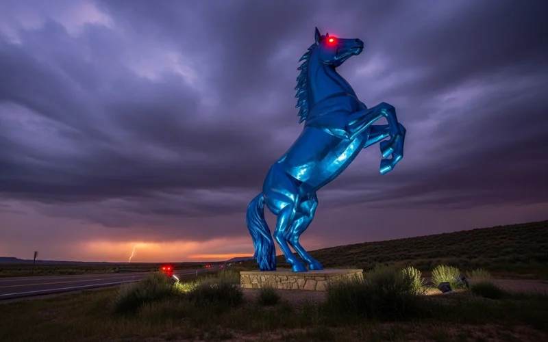 32-foot blue mustang statue with glowing red eyes, dramatic sky backdrop