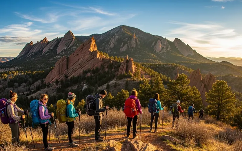 “Hikers at Chautauqua Park with dramatic Flatirons rock formations towering above, golden sunlight, vibrant blue sky, cinematic Colorado landscape