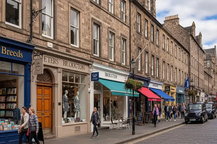 Bustling Broughton Street with boutiques and historic storefronts
