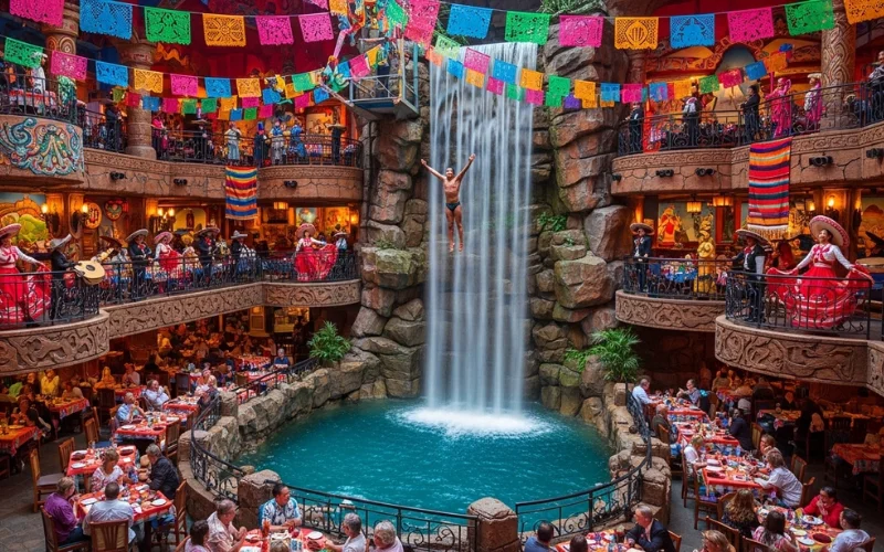 Indoor waterfall at Casa Bonita, cliff divers, performers in costumes, festive restaurant interior