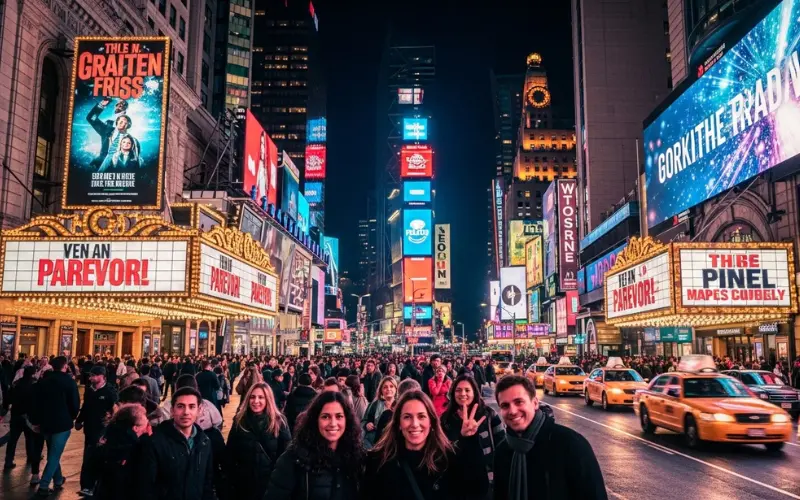 Broadway theater district at night, bright neon signs, Times Square glow, excited crowd outside theater.